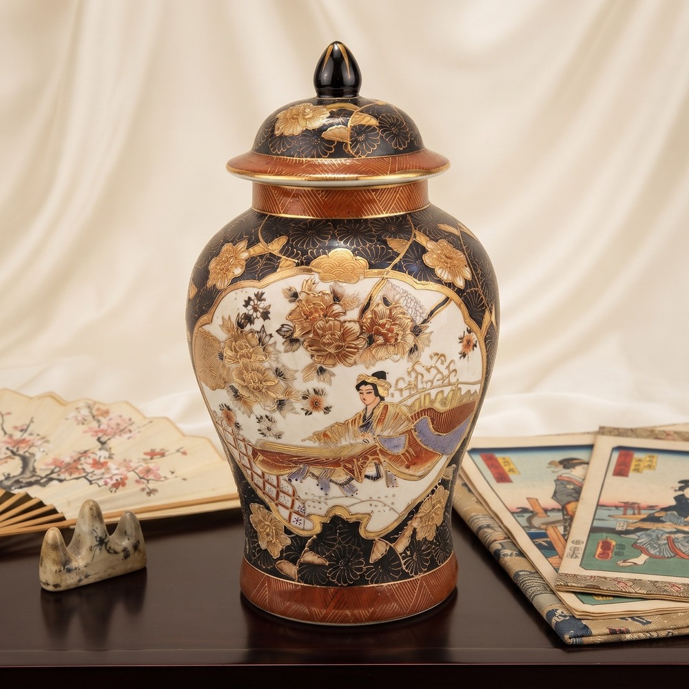 Vintage‎ Satsuma Ginger Jar Moriage Geisha Koto Floral Gold Gilt Porcelain